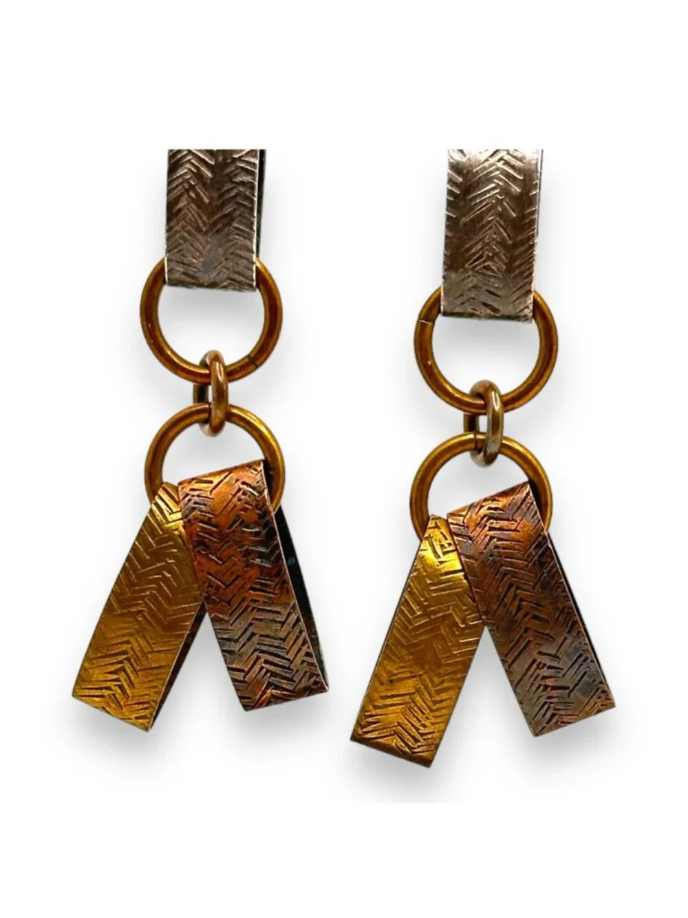 Vintage MB SF Brass & Sterling Silver Loop Dangle Earrings With Chevron Pattern